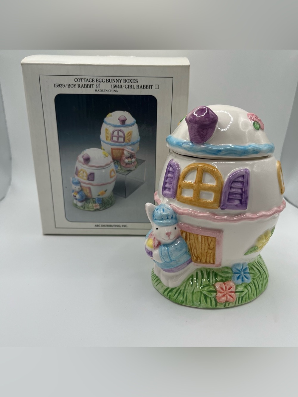 Vintage Ceramic Easter Cottage Egg Boy Bunny Trinket Candy Jar 5x4x3.5”